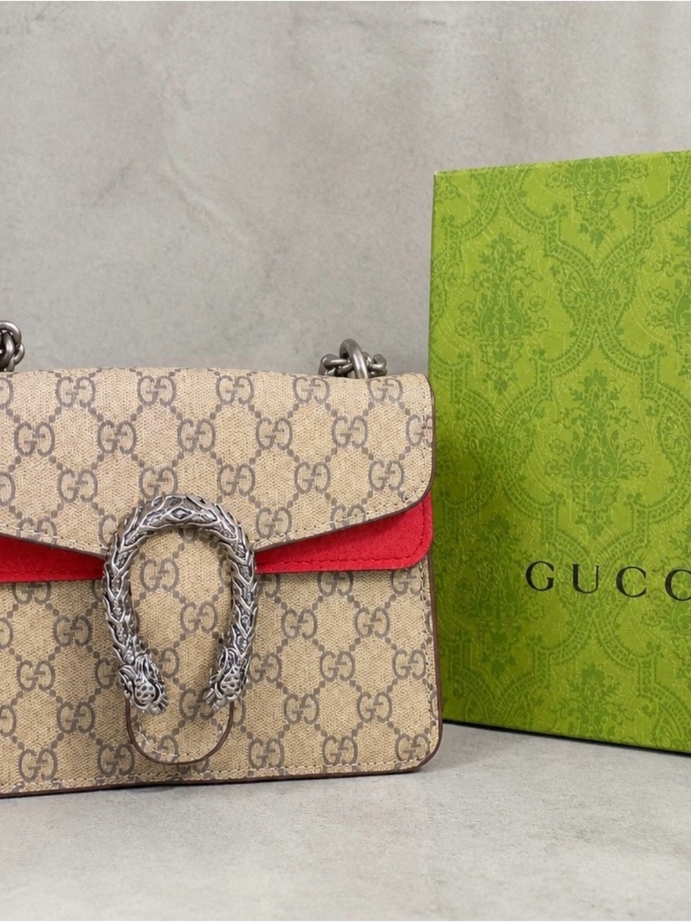 Gucci Beige Monogram Shoulder Bag with Red Trim and Silver Hardware